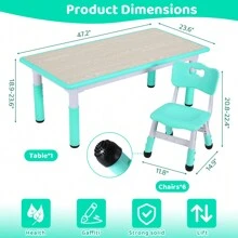 MAMIZO Kids Table And 6 Chairs Set, Height Adjustable Graffiti Table, Preschool Activity Art Craft Table, For Daycare Classroom Home Boys And Girls Age 3-12 - Robin trứng xanh - Xem 2