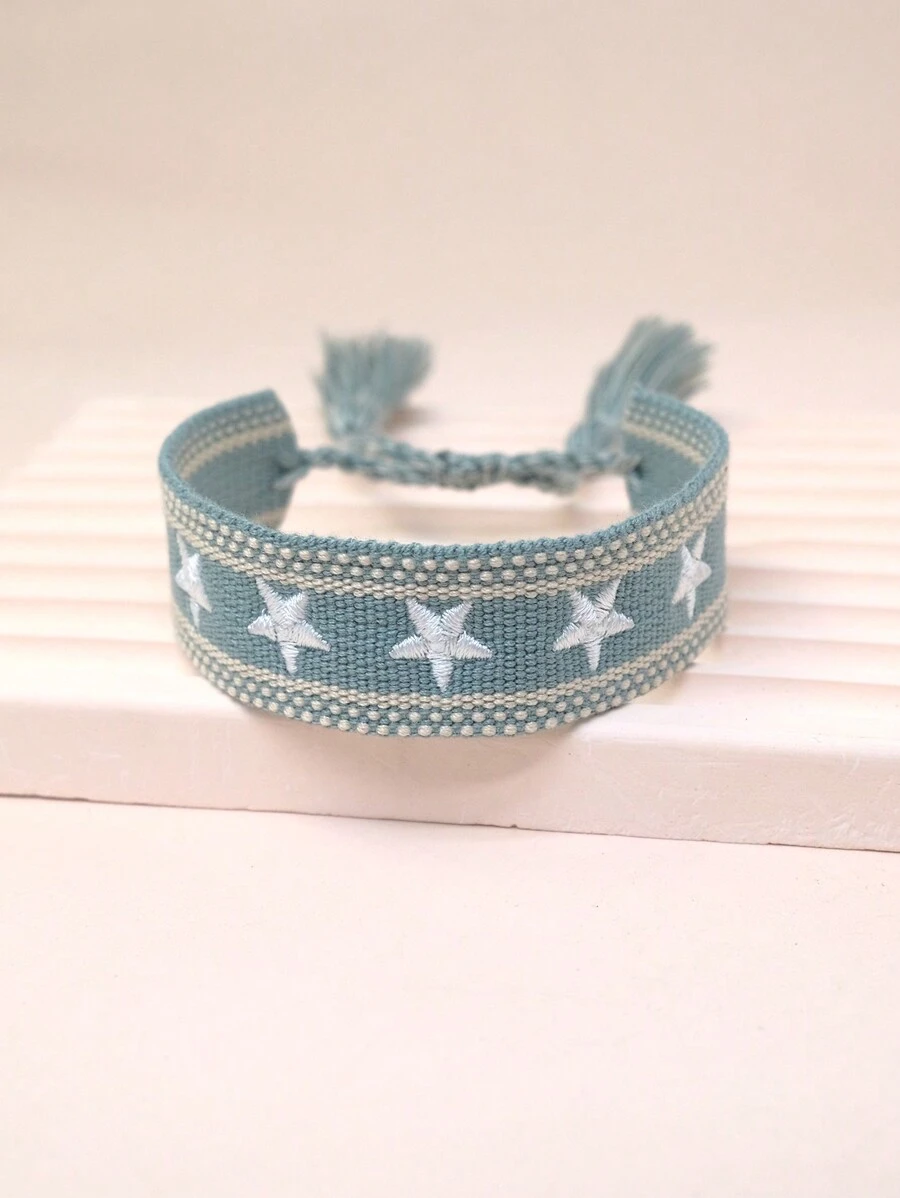 1pc Embroidery Five Pointed Star Handmade Braided Bracelet - Baby Blue - View 1