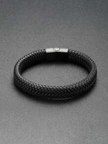 1pc, Fashion Men's Vintage Leather Woven Rope Titanium Steel Handwear, Exhibition Event Engraved Stainless Steel Bracelet, Bracelet Packs, Birthday Gifts, Holiday Gifts, Father's Day Gifts, Party Favors - Black - View 6