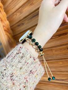 1pc Women's Dark Green Tiger Eye Beaded Bracelet Metal Band Compatible With 38/40/41/44/45/49/42/46mm Series 11/SE3/Ultra3/Ultra/SE/SE2/10/9/8/7/6/5/4/3/2/1