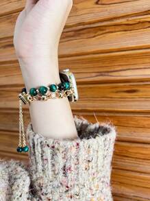 1pc Women's Dark Green Tiger Eye Beaded Bracelet Metal Band Compatible With 38/40/41/44/45/49/42/46mm Series 11/SE3/Ultra3/Ultra/SE/SE2/10/9/8/7/6/5/4/3/2/1