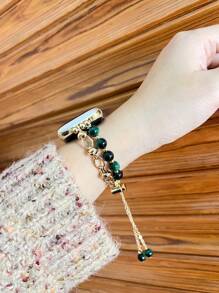 1pc Women's Dark Green Tiger Eye Beaded Bracelet Metal Band Compatible With 38/40/41/44/45/49/42/46mm Series 11/SE3/Ultra3/Ultra/SE/SE2/10/9/8/7/6/5/4/3/2/1