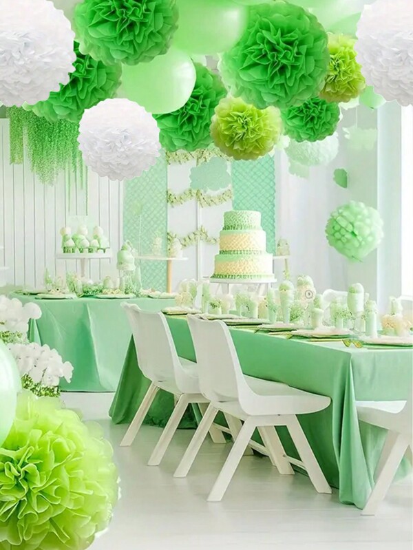 8pcs Green Tissue Paper Pom Poms For Party Decoration, Bridal, Baby Shower, Wedding, Hanging Flower Ball Paper Fan Lantern,Christmas