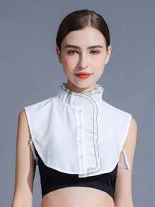 1件女士立領雙色針織毛衣,帶有蕾絲修飾,適合休閒/正式場合穿著 - 白色 - 查看 6