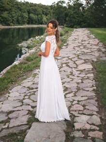 vestido madrinha mae de noivos evangélico dicreto manga curta marinho verde petroleo dourado lilas terracota rose marsala ou serenity - Branco - Visão 2