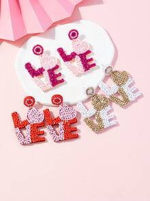 Love Valentine's Day Rice Beads Earrings, Sweet, Lovely, Romantic, Handmade Dangle Earrings - Hot Pink - View 1