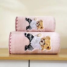 1pc Embroidered Teddy Bear Coral Velvet Soft Absorbent Towel, Not Easy To Shed. Ideal For Bathroom, Face Wiping And Showering - Baby Pink - View 3
