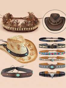 1pc Turquoise Beads Hat Band Cowboy Boho Decor Hat Accessories Hatband Western Hat Belts Tassel Shell Decor Straw Hat Belts Hat Bands For Fedora Halloween - Multicolor - View 8