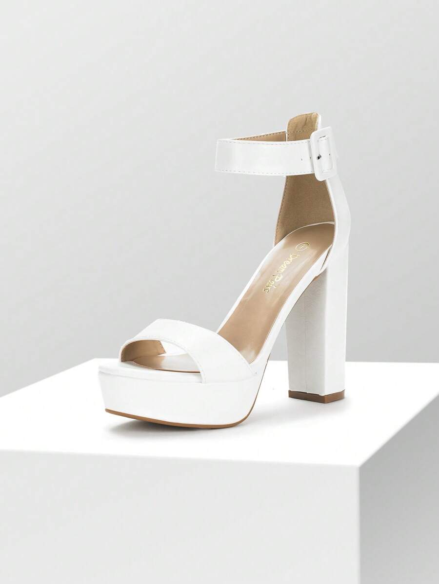 Women High Heel Chunky Block Platform Heels Buckle Decor Ankle Strap Open Toe Chunky Heeled Sandals, Perfect For Autumn Party, Wedding, Prom Night - trắng - Xem 1