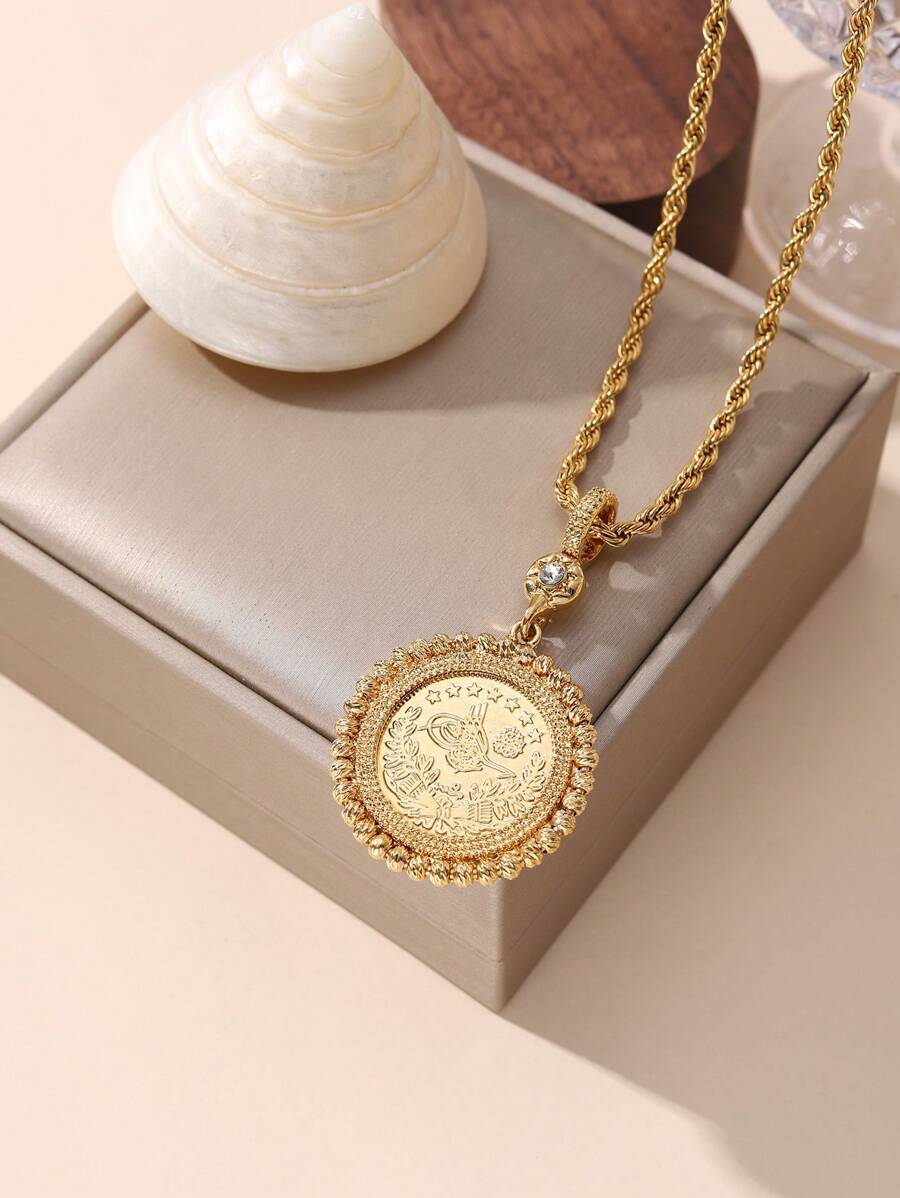 1pc Lovely & Delicate 18k Gold Plated Copper Coin Shaped Pendant With Woven Chain Necklace, Suitable For Women's Daily Wearing