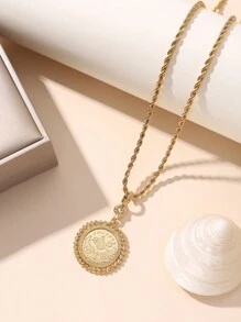 1pc Lovely & Delicate 18k Gold Plated Copper Coin Shaped Pendant With Woven Chain Necklace, Suitable For Women's Daily Wearing