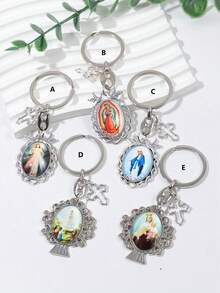 1pc Vintage Holy Family & Tree Of Life Shaped Metal Hanging Tag Keychain, Alloy Cross Pendant For Diy Car Pendant - Zinc Alloy Jewelry Pendant - View 1