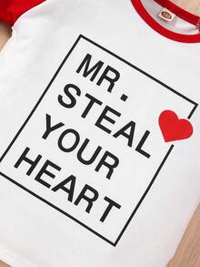 Valentine's Day Red & White Contrast Letter Print Long Sleeve Top And Solid Color Pants Set For Young Boy - Red - View 4