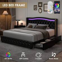 HIFORT Smart LED Bed Frame With 4 Drawers And Wingback Headboard, Faux Leather Platform Bed Frame With Diamond Tufted Headboard And Footboard, White/Black, Full/Queen/King