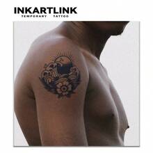 Inkartlink 1pc 10*10cm Ocean Wave Herbal Juice Temporary Tattoo Sticker, Magic Tattoo, Lasts 15 Days, Realistic Fake Tattoo, Lasts 1-2 Weeks - Black - View 2