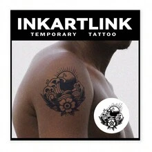 Inkartlink 1pc 10*10cm Ocean Wave Herbal Juice Temporary Tattoo Sticker, Magic Tattoo, Lasts 15 Days, Realistic Fake Tattoo, Lasts 1-2 Weeks - Black - View 3