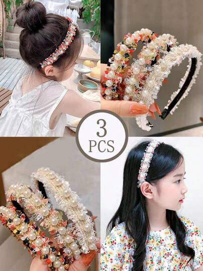 3件套青少年时尚珍珠蕾丝塑料发箍，韩版优雅风格，适合日常或派对佩戴