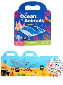 适合幼儿的贴纸书，海洋动物主题可重复使用的儿童贴纸书，适合幼儿男孩女孩儿童的情人节礼物 - 藍色 - 查看 2