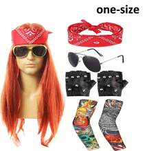 7 件装 男士 80 年代迪斯科朋克假发复古摇滚配饰舞蹈服装重金属太阳镜派对项链头带 - 橘色 - 查看 3