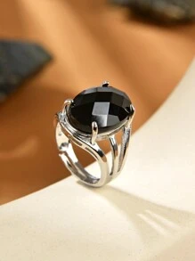 1只天然水晶/礦石石頭卵形切面開口戒指,適用於女性