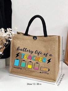 1入簡約字母印花亞麻手提包，老師多功能便攜手提袋，老師愛戴的禮品，女士禮物，手袋圖案印花手提袋老師日本禮物袋大容量購物袋，最好的老師禮物forever - 卡其色 - 查看 3
