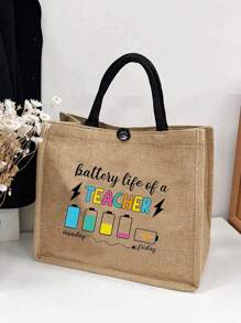 1入簡約字母印花亞麻手提包，老師多功能便攜手提袋，老師愛戴的禮品，女士禮物，手袋圖案印花手提袋老師日本禮物袋大容量購物袋，最好的老師禮物forever - 卡其色 - 查看 1
