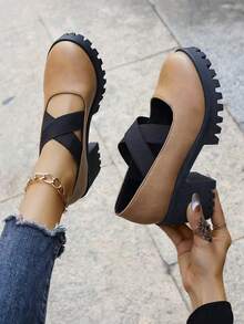 春秋新款女士楔形跟平臺鞋，復古十字綁帶加厚瑪莉珍鞋，大尺碼舒適女士楔形跟平臺鞋 - 卡其色 - 查看 6