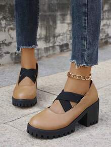 春秋新款女士楔形跟平臺鞋，復古十字綁帶加厚瑪莉珍鞋，大尺碼舒適女士楔形跟平臺鞋 - 卡其色 - 查看 4