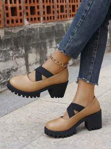 春秋新款女士楔形跟平臺鞋，復古十字綁帶加厚瑪莉珍鞋，大尺碼舒適女士楔形跟平臺鞋 - 卡其色 - 查看 5