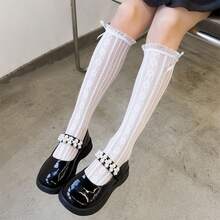 1雙兒童蝴蝶結花邊長筒襪,適用於女孩 - 白色 - 查看 1