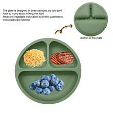 4件兒童純色矽膠餵食餐具套裝,包括矽膠分板、圍兜、木叉湯匙套裝,適合日常使用 - 紅色 - 查看 3