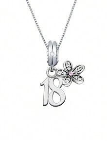 1pc Minimalist 925 Sterling Silver Sakura Flower & Number Pendant Necklace, Ideal For Birthday & Anniversary Gift - Silver - View 16