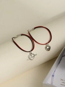 2入組紅色和黑色編織繩心形吊墜新娘手鏈套裝，適合情人節禮物，求婚或婚禮場合 - 彩色 - 查看 5