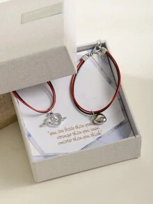 2入組紅色和黑色編織繩心形吊墜新娘手鏈套裝，適合情人節禮物，求婚或婚禮場合 - 彩色 - 查看 3