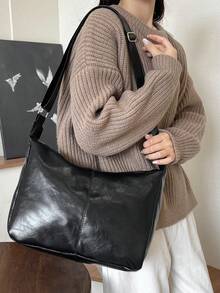 1個黑色pu皮革大容量肩背包,適用於女士,日常上下班、商務出差、旅行、購物、約會 - 黑色 - 查看 2