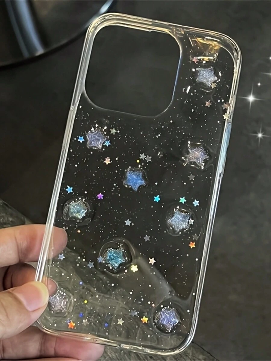2024 年夏季夜光小星星闪光透明手机壳适用于 16 15 14 13 12 11 Pro Max MiNi 7 8 Plus X XS Max XR 可爱女孩 3D 滴胶亮片软壳防水防震防摔防刮
