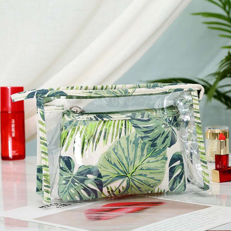1pc Women's Travel Canvas Toiletry Bag With Large Capacity, Pure , Creative Print, Cloth Makeup Bag - Two Piece Set - View 1