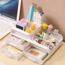 1個桌面收納抽屜化妝品儲物盒,適用於桌面、辦公用品、宿舍、梳妝台 - 白色 - 查看 2