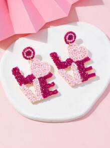 Love Valentine's Day Rice Beads Earrings, Sweet, Lovely, Romantic, Handmade Dangle Earrings - Hot Pink - View 12