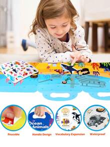 适合幼儿的贴纸书，海洋动物主题可重复使用的儿童贴纸书，适合幼儿男孩女孩儿童的情人节礼物 - 藍色 - 查看 4