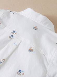 Young Boy Collared Excavator Printed Long Sleeve Shirt, Spring