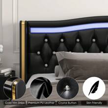 HIFORT Smart LED Bed Frame With 4 Drawers And Wingback Headboard, Faux Leather Platform Bed Frame With Diamond Tufted Headboard And Footboard, White/Black, Full/Queen/King