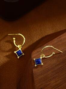 1對s925銀製金色復古藍色金星菱形設計耳針,獨特簡約的女性日常配件 - 金色 - 查看 5