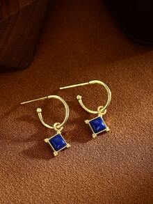 1對s925銀製金色復古藍色金星菱形設計耳針,獨特簡約的女性日常配件 - 金色 - 查看 4