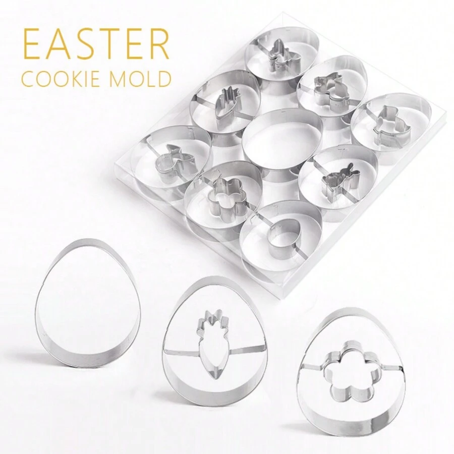 9pcs/Set 304 Stainless Steel Easter Cookie Cutter Mold Set, Bunny Egg Cake Baking Tools - Silver - View 1