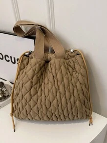 刺绣格子时尚单肩包，抽绳流浪包适合女孩和女士，非常适合购物、通勤、周末度假和日常使用 - 卡其色 - 查看 9