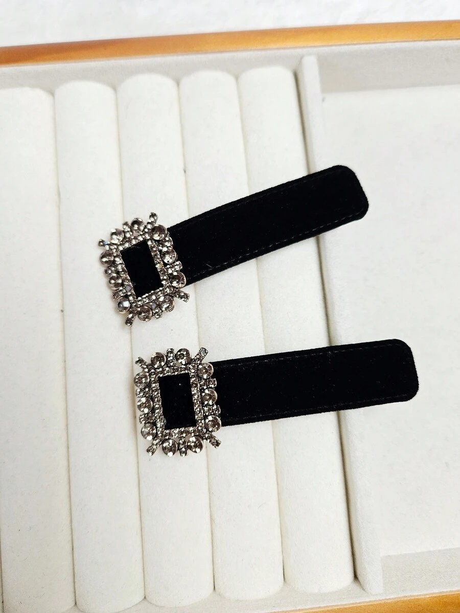 2 件裝新款時尚女式髮夾、黑色金屬和水鑽髮飾 - 黑色 - 查看 1