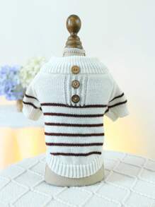 1 件宠物衣服，狗猫舒适柔软温暖法式条纹针织毛衣，米色和棕色 - 彩色 - 查看 2