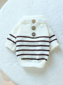 1 件宠物衣服，狗猫舒适柔软温暖法式条纹针织毛衣，米色和棕色 - 彩色 - 查看 3