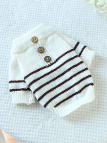 1 件宠物衣服，狗猫舒适柔软温暖法式条纹针织毛衣，米色和棕色 - 彩色 - 查看 5